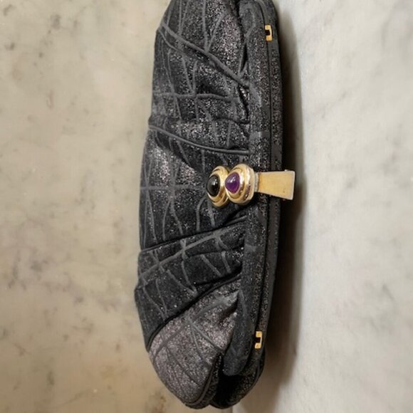 JUDITH LIEBER Vintage Minaudière Black Metallic Suede Gemstone Clasp Purse - Picture 9 of 17